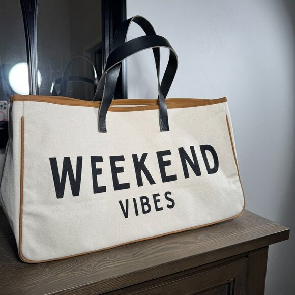 Weekend Vibes Canvas Tote Bag - Large Cream & Black Leather Handle Weekender - Picture 9 of 11